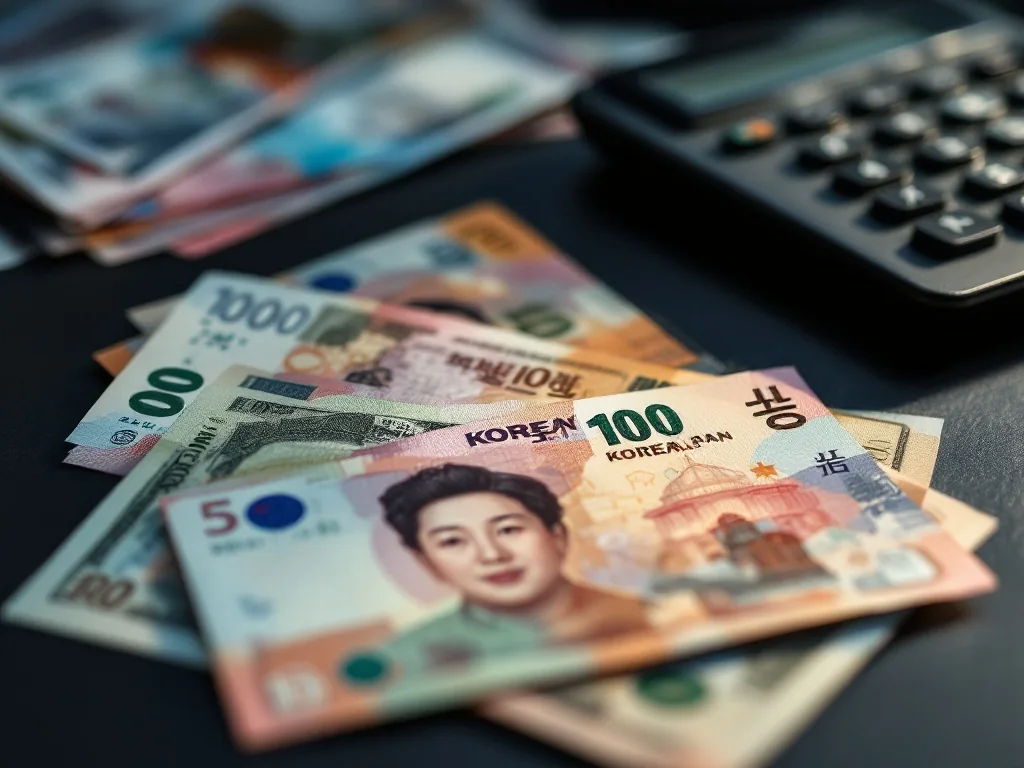 close-up of Korean won banknotes and a few US dollar bills placed side by side on a dark desk with a calculator, soft directional light, editorial still-life photography, no text