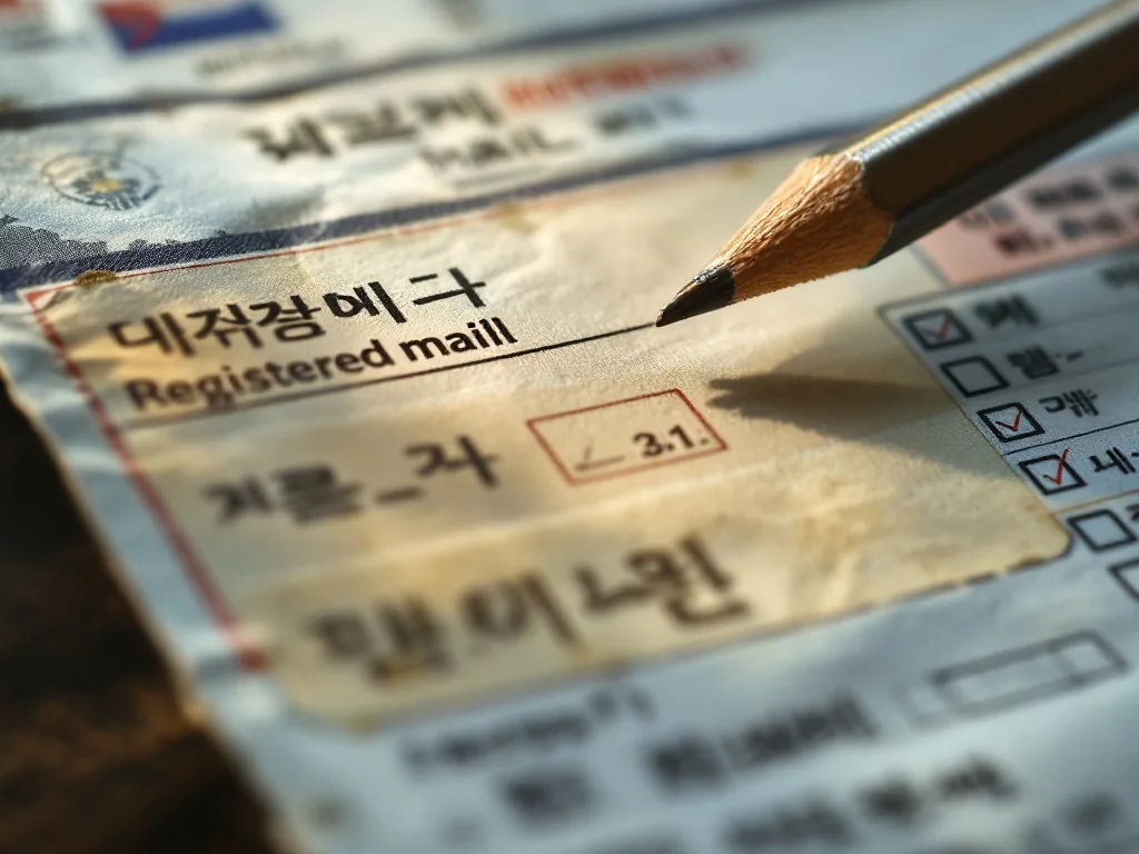 close up of registered mail receipt number area and pencil checklist, Korean postal theme, no real personal information