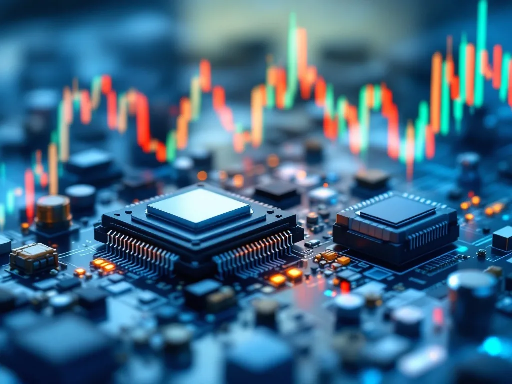 close-up of semiconductor chips and a financial chart reflected on glass, editorial business photography, no brand logos, no text