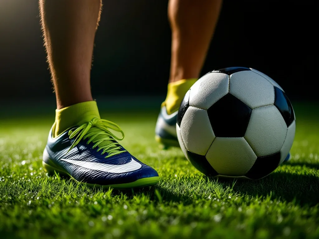 close-up of soccer cleats and a ball on green turf, dramatic side light, editorial sports photography, no text