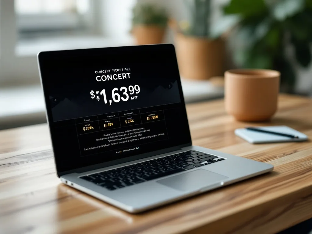 concert ticket price table on laptop, clean editorial photo, no readable text