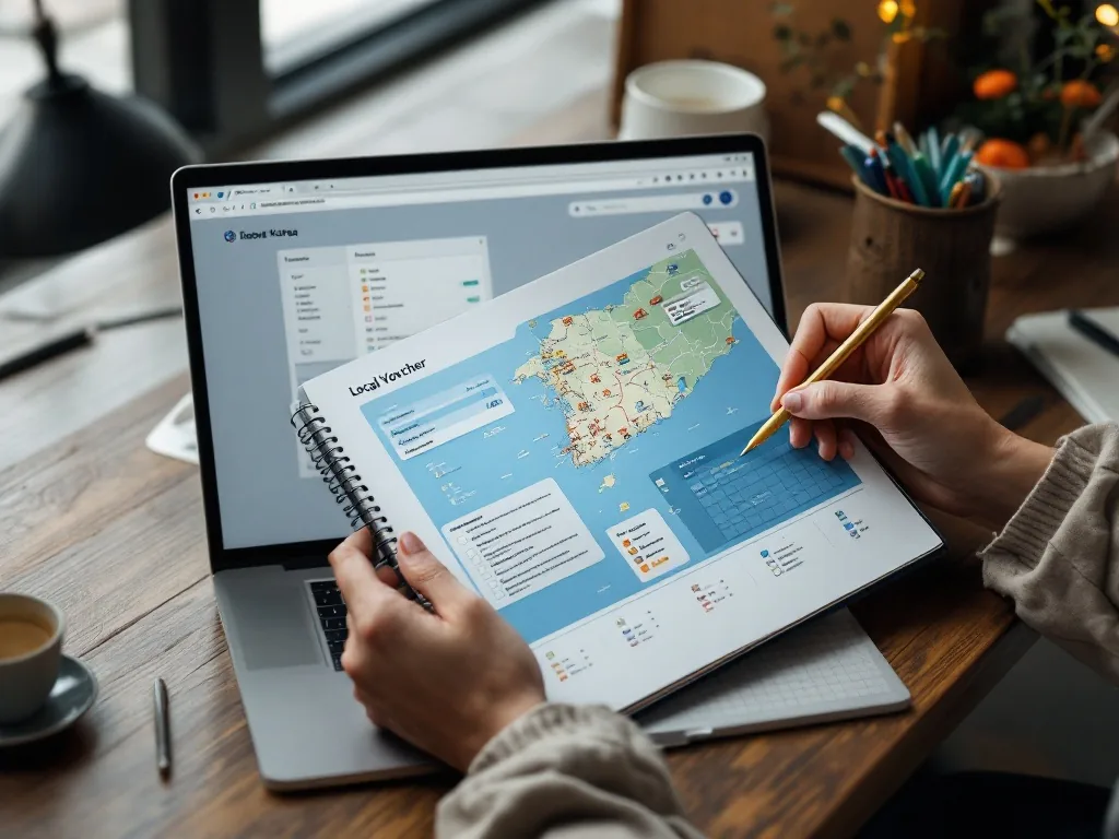 desktop screen with Korea local voucher map and checklist notebook, neutral government portal style, no real logos | 내고장알리미 지역사랑상품권 목록 확인 이미지