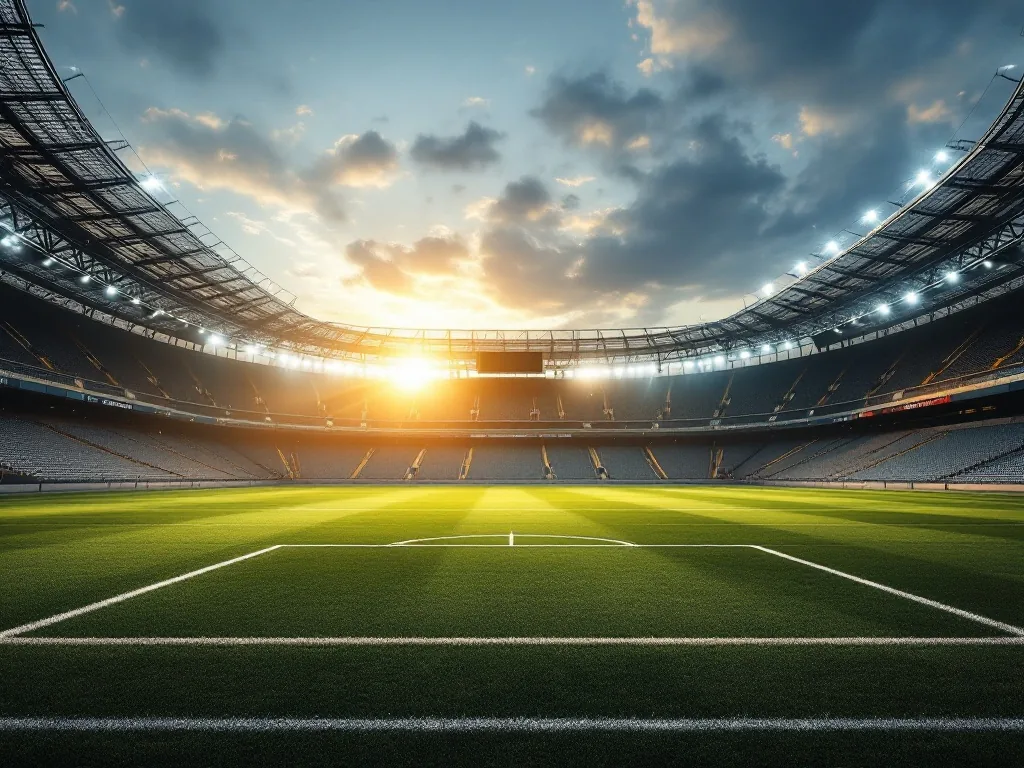 empty football pitch in a large stadium before sunrise, cool morning light, no people, no logos