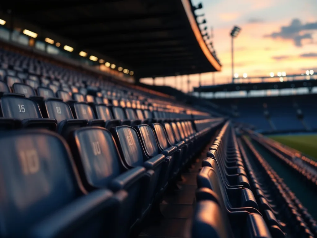 empty stadium seats in the evening after a football match, quiet mood, editorial photography, no text