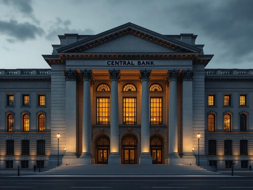 exterior of a large stone central bank building at dusk with warm interior lights, calm documentary architecture photography, no text