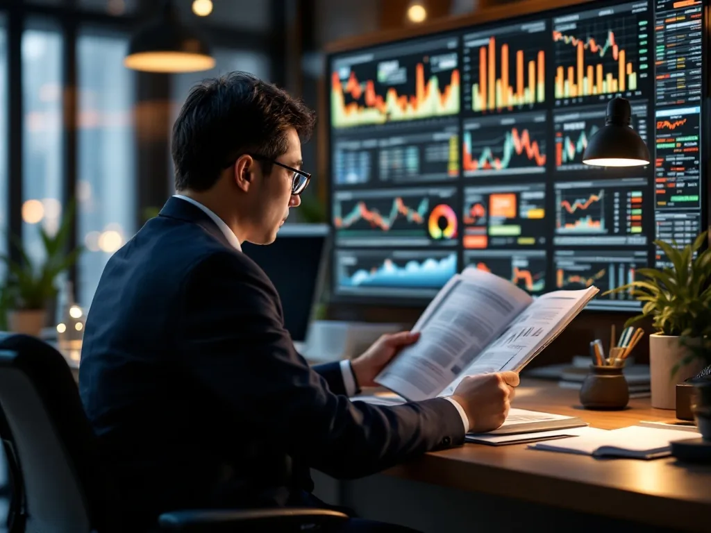 financial analyst reading Korean business magazine and checking market dashboard