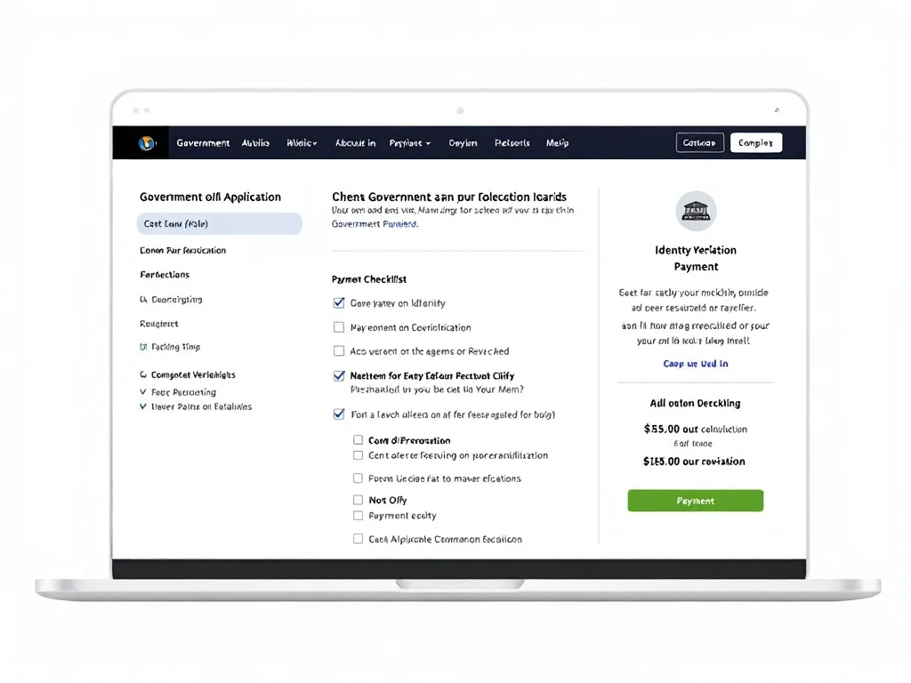 Government online application screen with identity verification and payment checklist