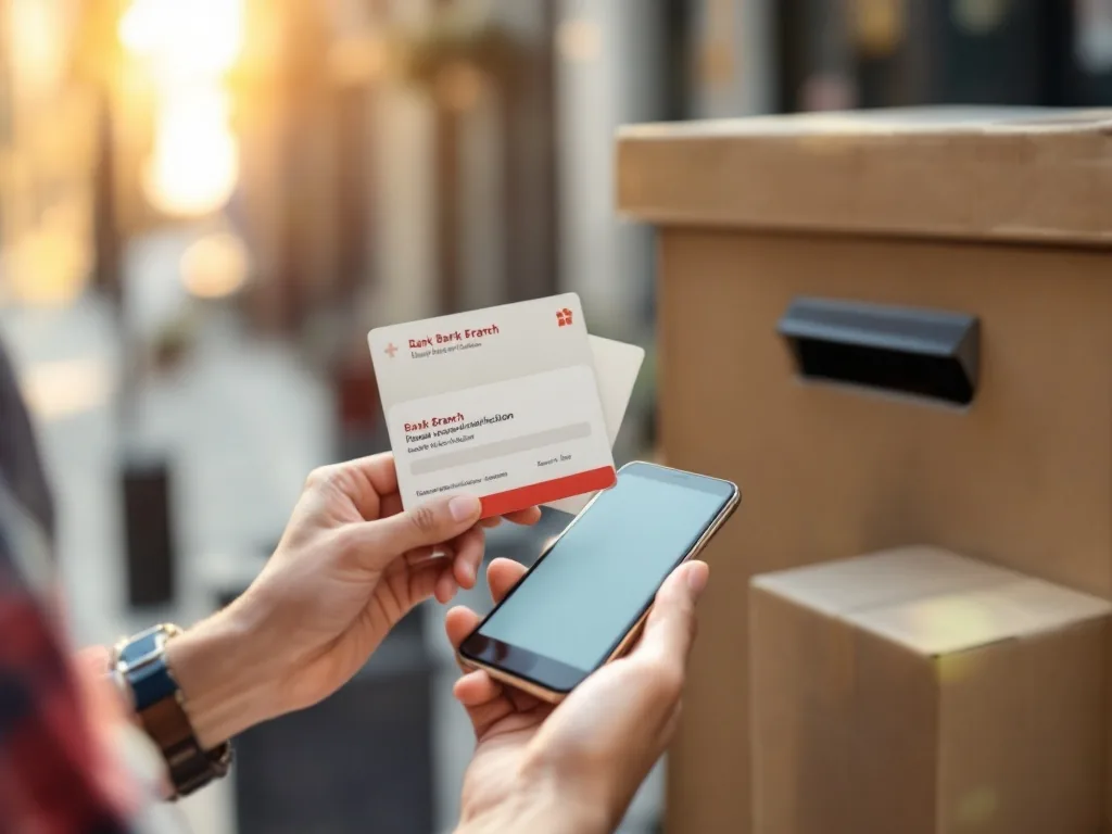 hands checking separate bank branch and parcel delivery notification cards on an unbranded smartphone, parcel box nearby, bright daylight, clean editorial photography, no readable text, no logo, no face