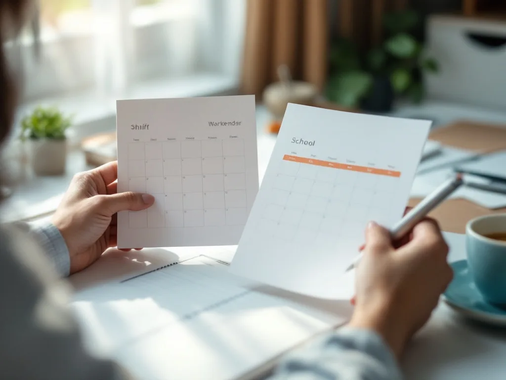 hands comparing a workplace shift calendar and a school schedule on blank papers, bright Korean home desk, soft window light, editorial photography, no readable text, no logo, no face
