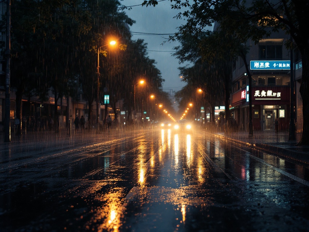heavy summer monsoon rain falling on an empty city street with puddles and reflections at dusk, moody atmosphere, editorial photography, no text