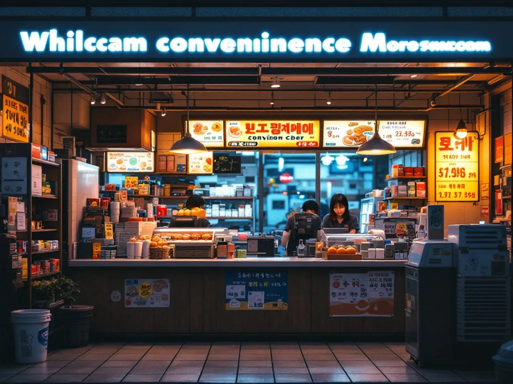 interior of a small korean convenience store at dusk seen from behind the counter, shelves and warm lighting, no people faces, editorial photography, no text