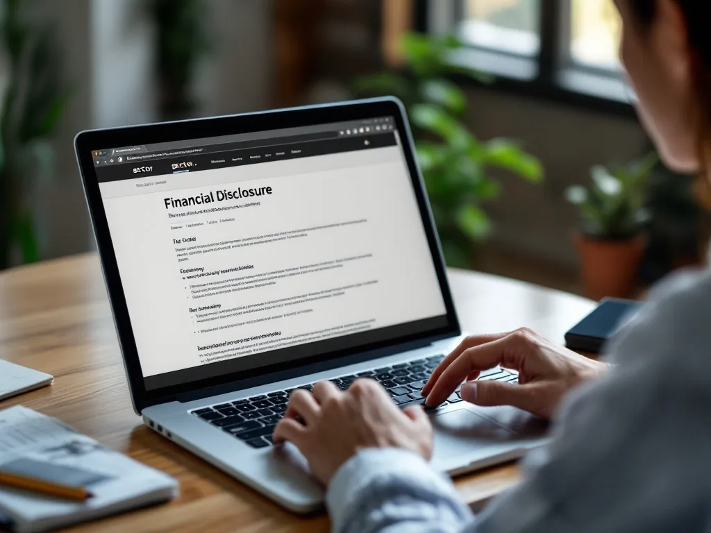 investor reading financial disclosure website on laptop with battery sector notes