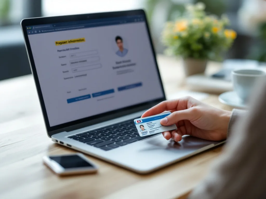 Korean adult registering exposed personal information prevention system on laptop with locked phone and ID card, realistic editorial photo no text