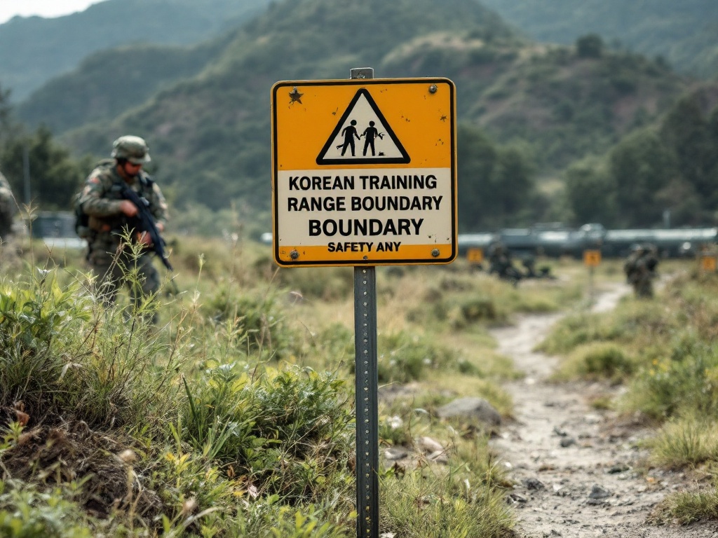 Korean army training range boundary safety sign with grass cutting equipment and investigators, realistic editorial photo no readable text