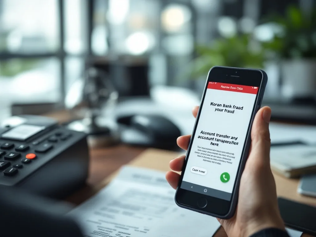 Korean bank fraud hotline call with smartphone scam message and account transfer receipt on desk, realistic editorial photo no text