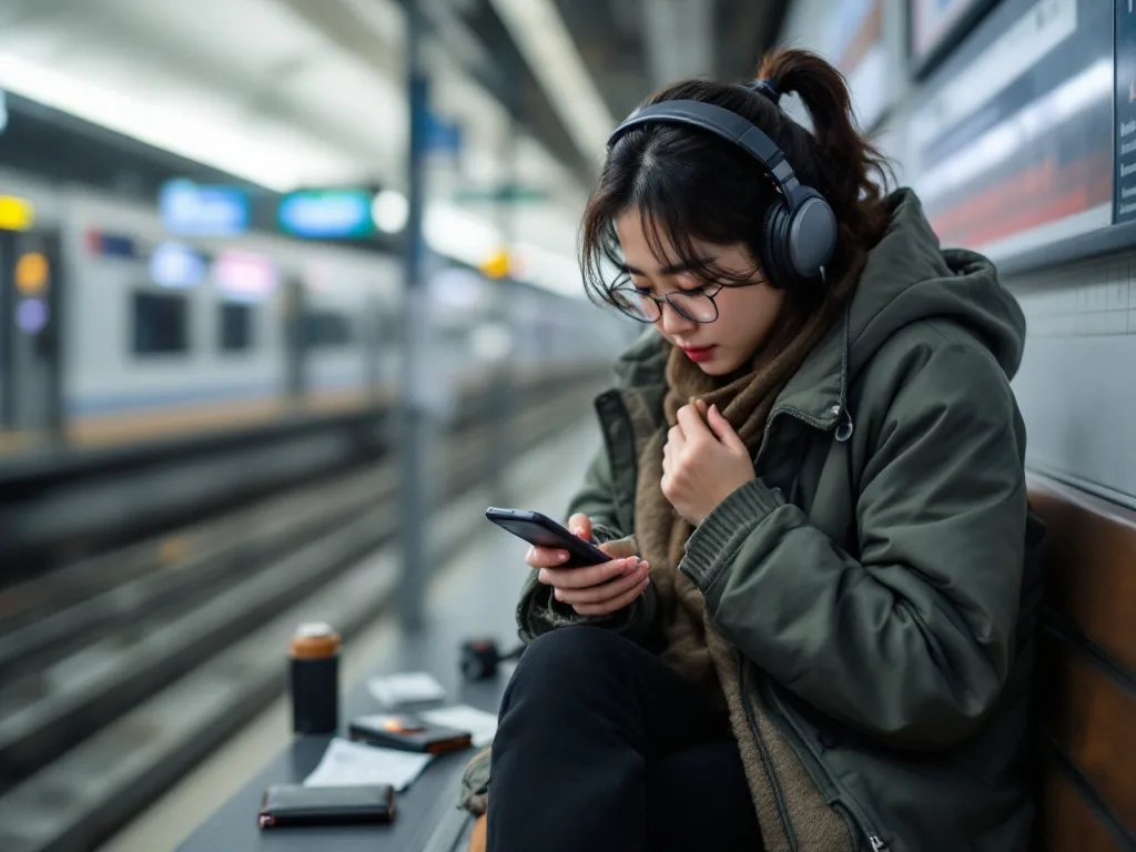 Korean commuter writing lost item details on phone near subway platform, wallet and transit receipt on bench, editorial photo no text