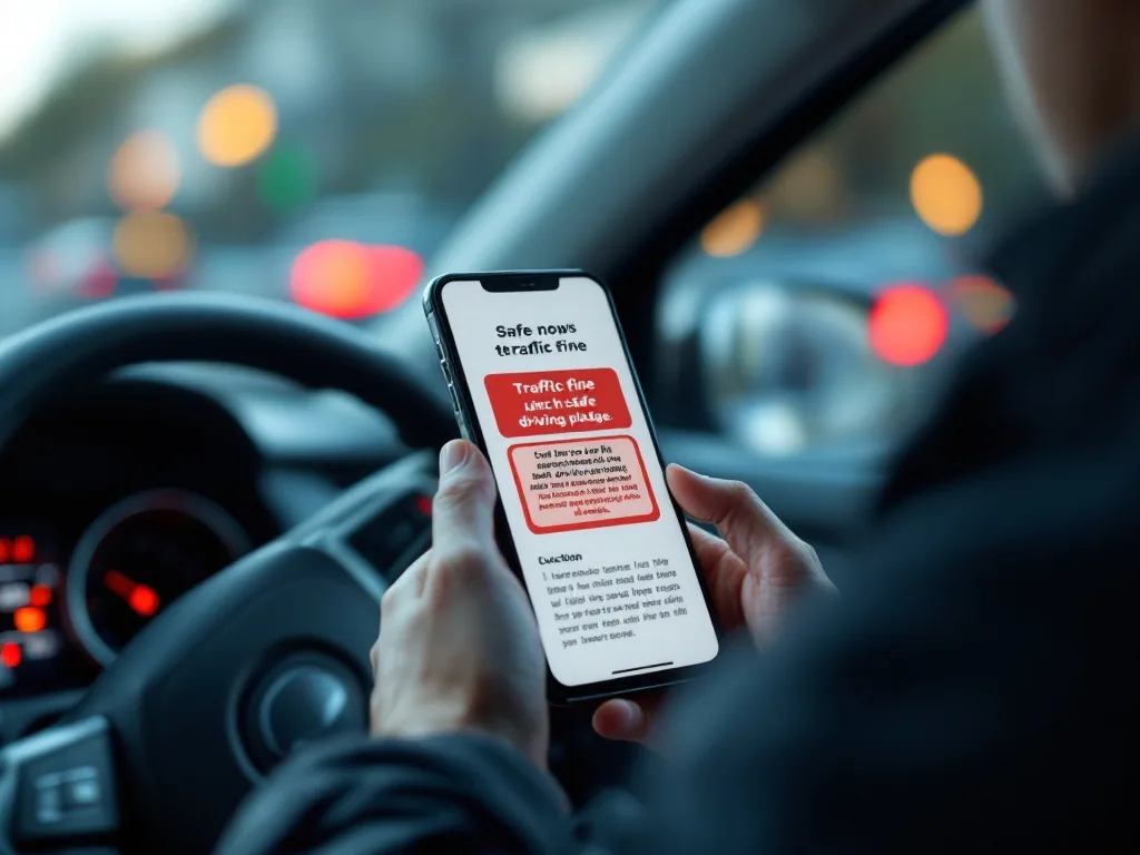 Korean driver checking traffic fine notice and safe driving pledge on smartphone