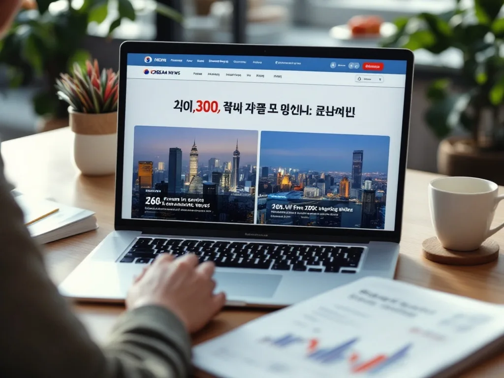 Korean economic news website on laptop with magazine and coffee on desk