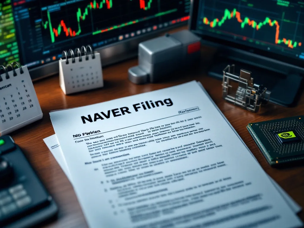 Korean financial news desk with NAVER filing document, NVIDIA chip, calendar and stock chart
