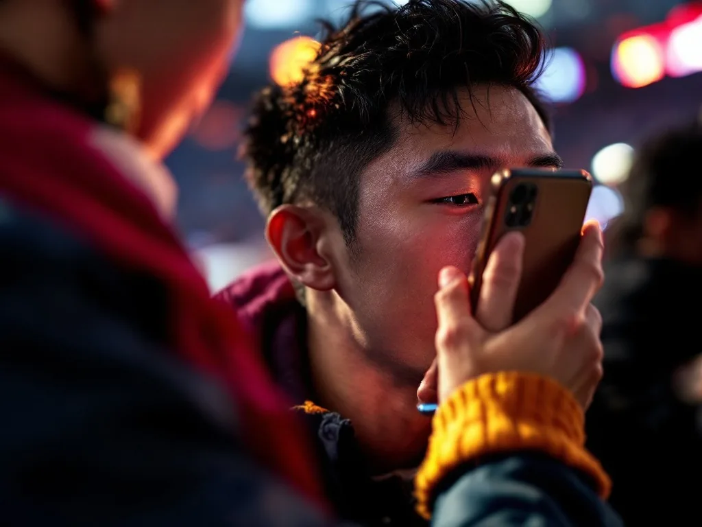 Korean football supporter checking Son Heung-Min all-star roster on smartphone before morning kickoff
