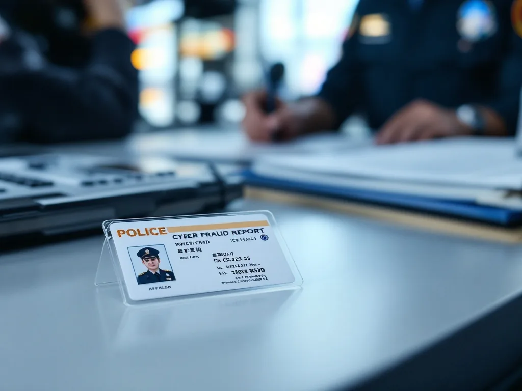 Korean police station cyber fraud report document and ID card on counter, realistic editorial photo no text