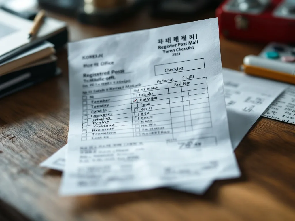 Korean post office registered mail receipt with abstract tracking checklist on desk, no personal data, editorial photo style