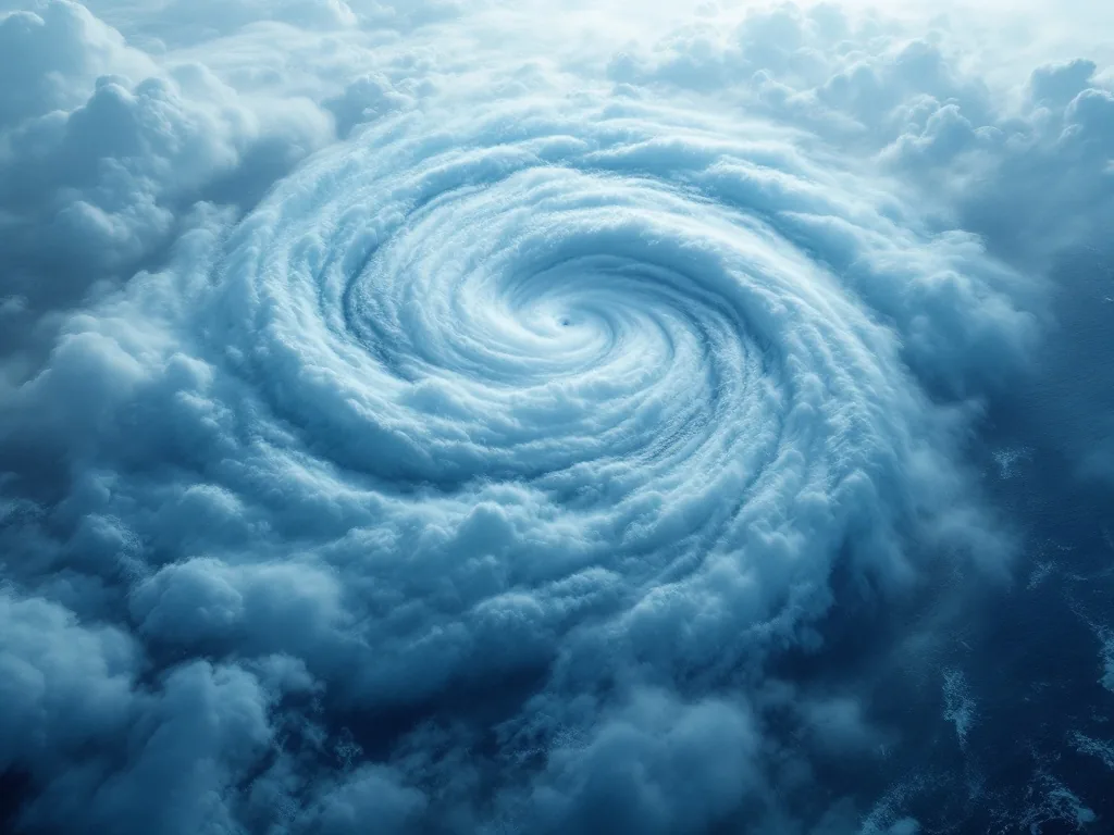 massive typhoon cloud system swirling over the pacific ocean viewed from high altitude, deep blue sea, dramatic weather, editorial photography, no text