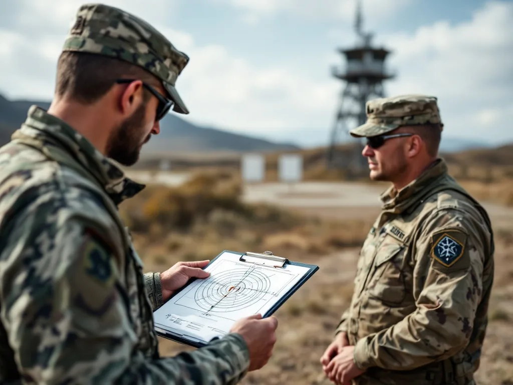 military investigators reviewing bullet trajectory diagram on clipboard near a training range control tower, realistic editorial photo no readable text
