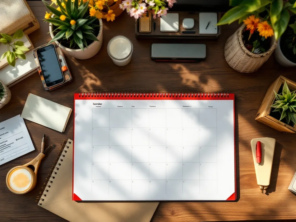 organized evening desk with a red-tabbed blank calendar, office schedule, school notice envelope and parcel tracking card, warm soft light, overhead editorial photography, no readable text, no logo, no face
