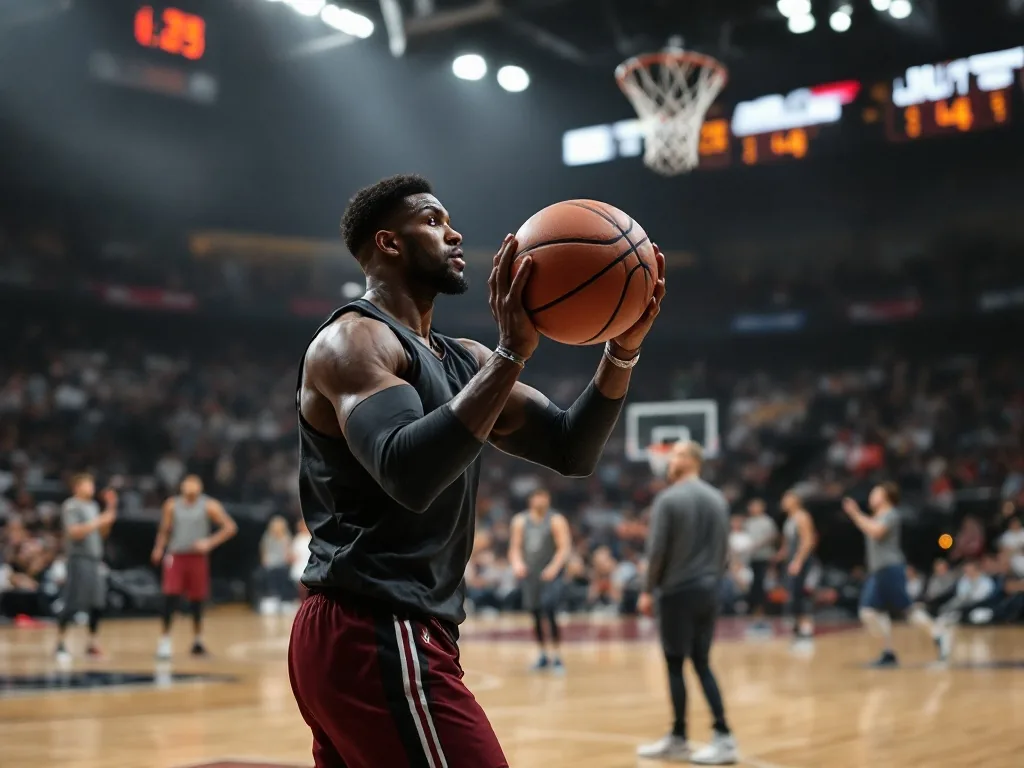 professional basketball players practicing shooting drills in arena