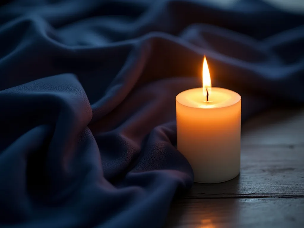 quiet memorial candle and folded navy-blue fabric, symbolic respectful scene, no face, no uniform logo