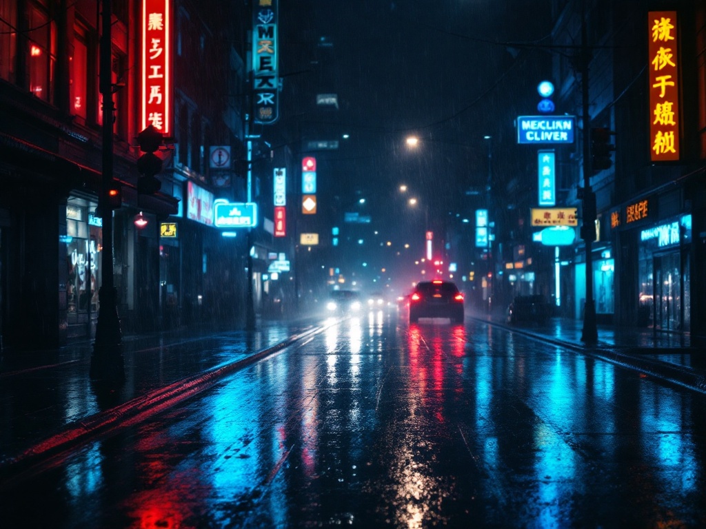 rain-soaked city street at night with dramatic neon reflections on wet asphalt, tense action-thriller mood, cinematic editorial photography, no text