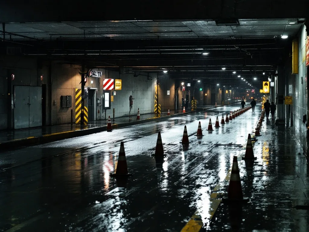 rainwater flowing near an underpass entrance at night with safety cones and wet asphalt, documentary editorial photography, no text