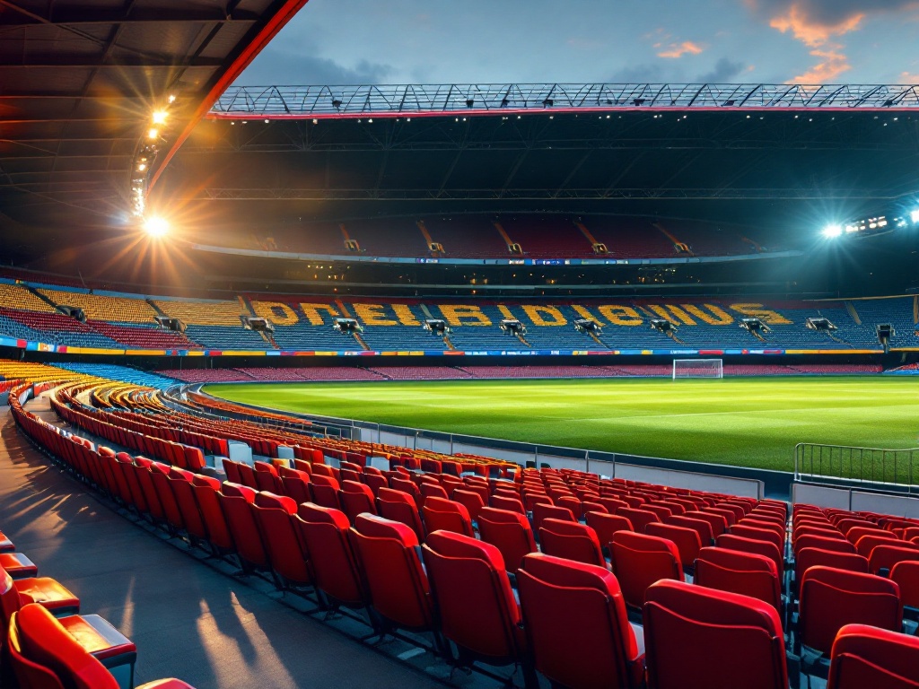 rows of empty colorful stadium seats under evening light before a big match, wide angle, editorial photography, no text