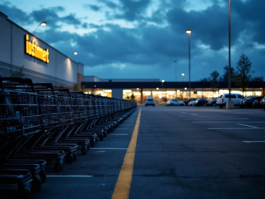 rows of empty shopping carts lined up outside a large supermarket at dusk, quiet and deserted parking lot, documentary editorial photography, no text