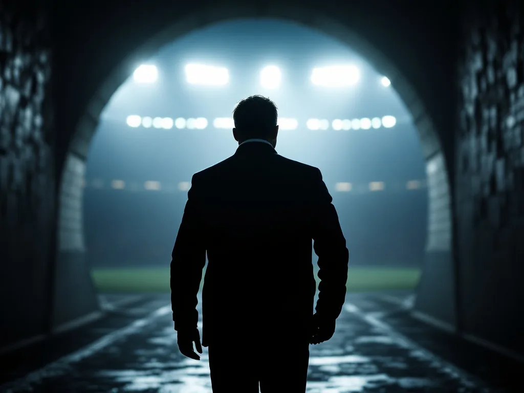 silhouette of a football manager seen from behind walking through a dim stadium tunnel toward bright floodlights at night, editorial sports photography, no text