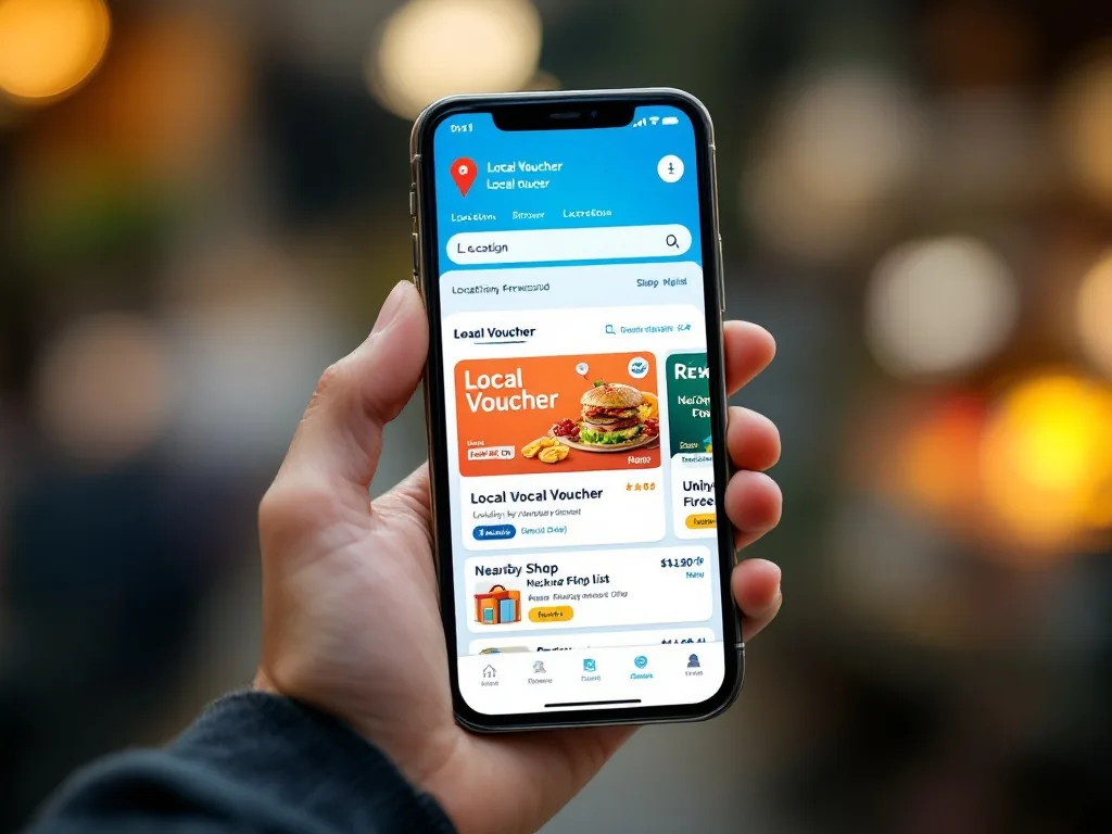 smartphone local voucher app store search screen with location permission toggle and nearby shop list, realistic hand holding phone, no brand logos | 지역화폐 앱 가맹점 검색 확인 이미지