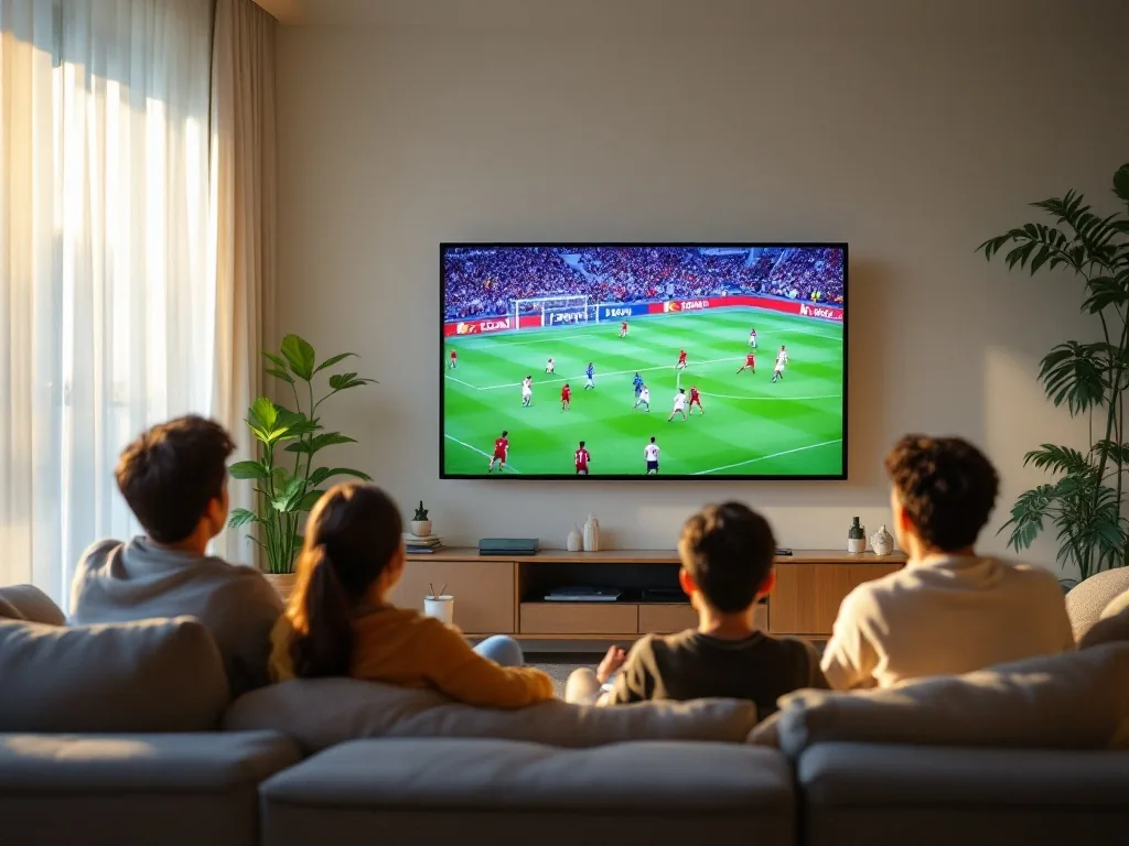 soccer fans watching an international all-star match on Apple TV in a Seoul living room morning light
