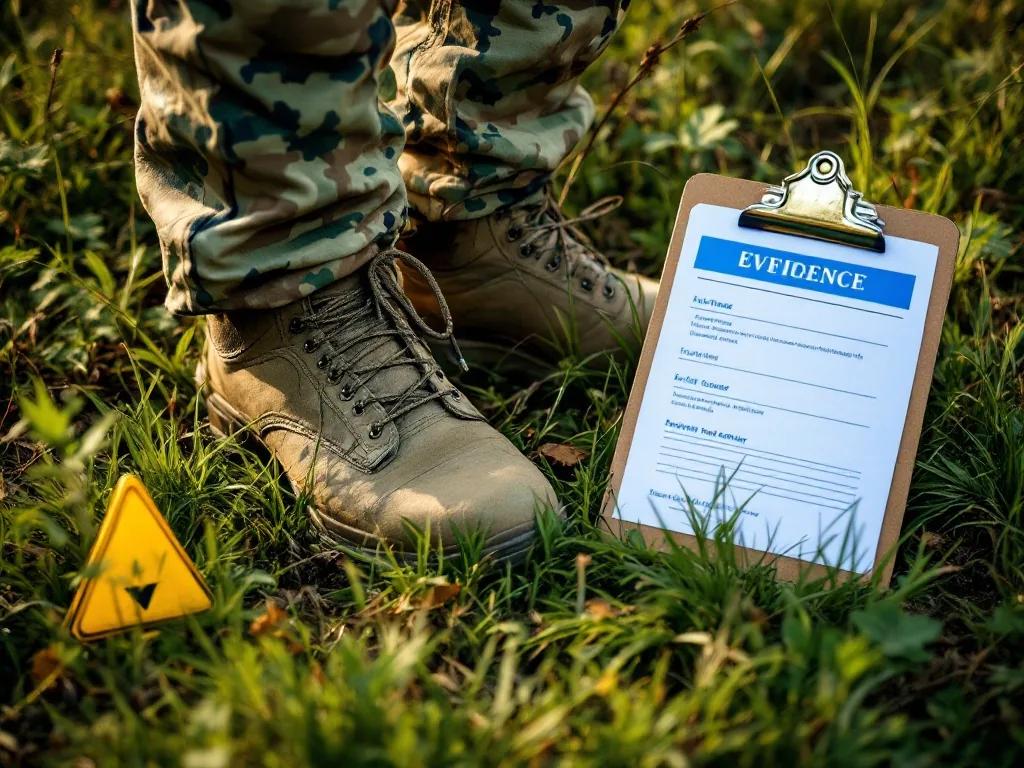 soldier boot on grass beside evidence marker and safety clipboard near a military range boundary, realistic editorial news photo no gore no text