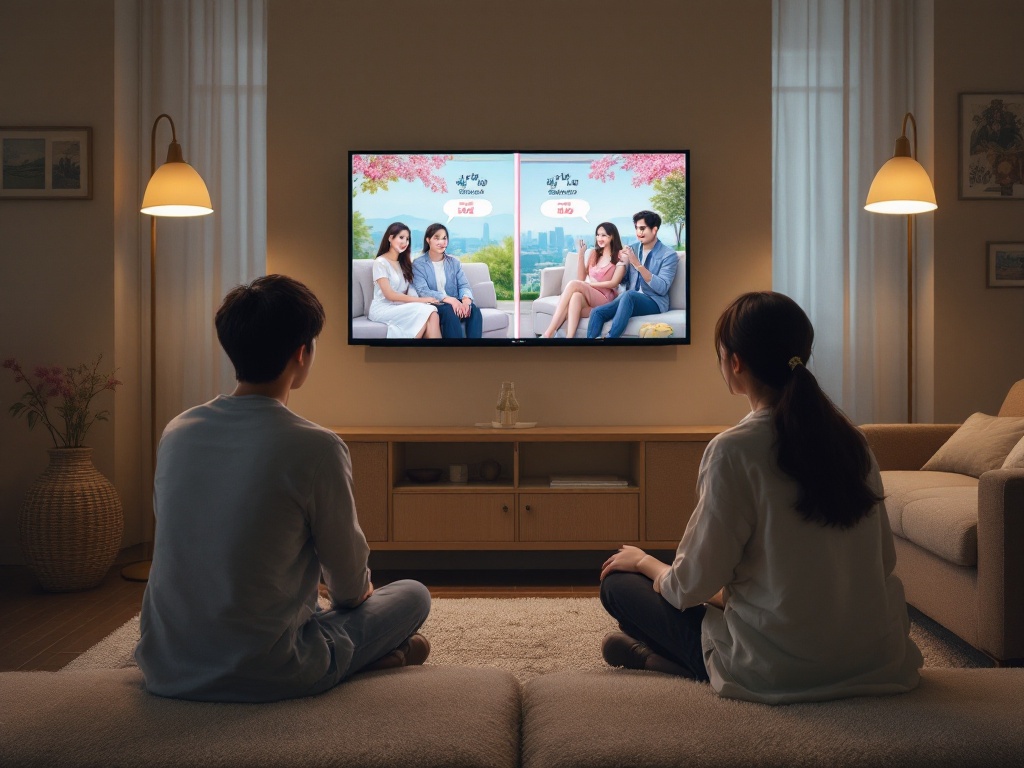 split editorial illustration of two TV program guide cards, original dating show and spin-off follow-up show, Korean living room viewing scene, no real people | 나는 SOLO 본편과 나솔사계 차이 설명 이미지