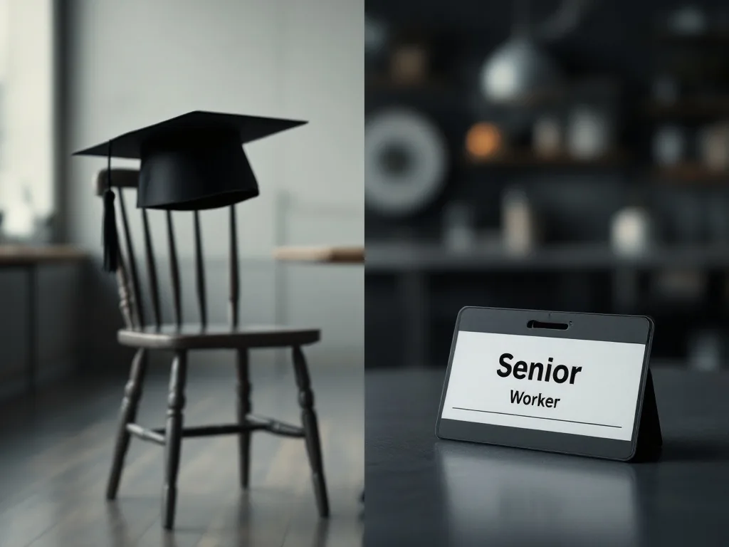 split symbolic scene of empty graduation chair and senior worker name badge on a counter, documentary style, no identifiable faces