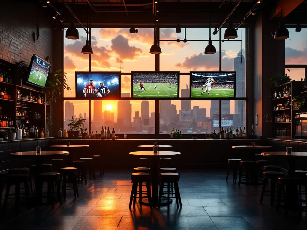 sunrise over an empty urban sports bar with televisions showing generic football graphics, no brands, no people