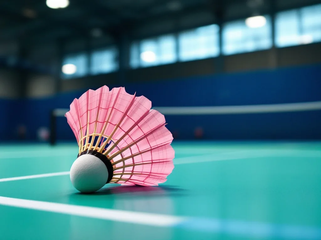 symbolic badminton shuttlecock on indoor court in Tokyo, no real athlete face