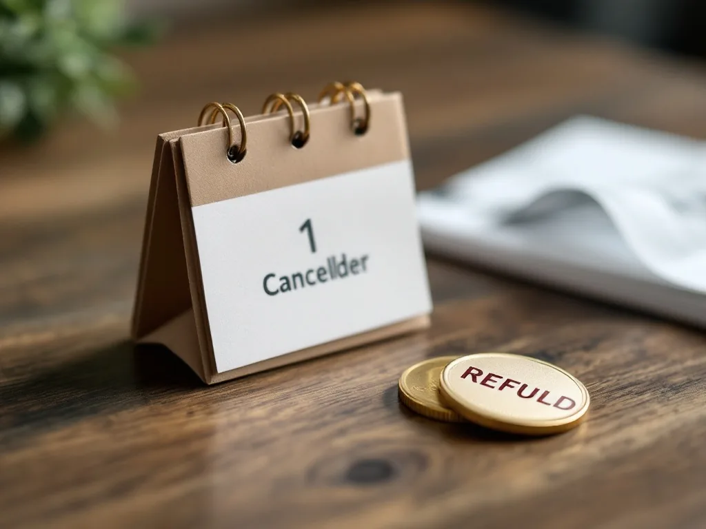 symbolic calendar, cancelled mobile plan paper, and refund coin icon on table, documentary style, no brand logos