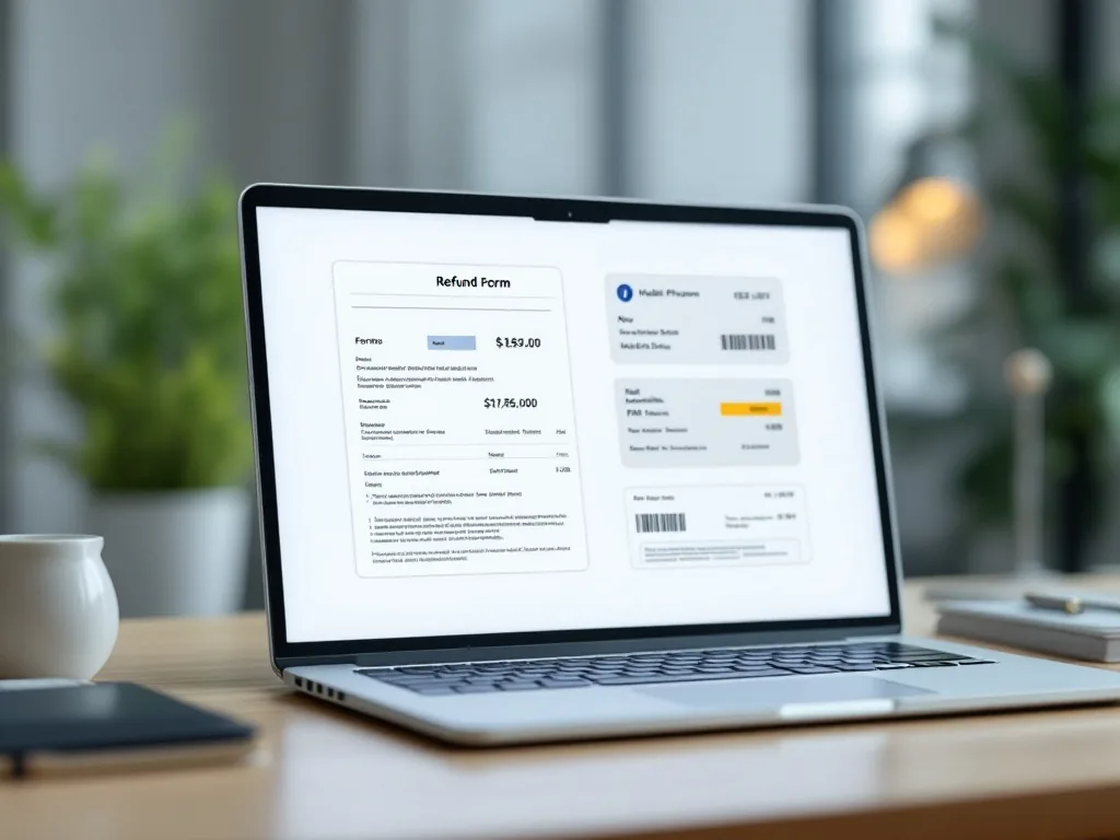 symbolic laptop screen with abstract refund form and mobile phone bill, no readable personal data, clean Korean office desk
