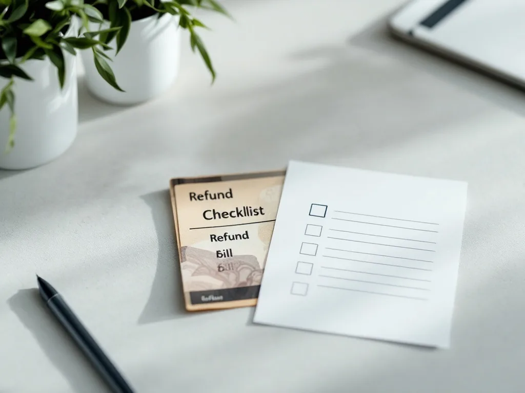 symbolic mobile phone bill and refund checklist on a neutral desk, editorial photo style, no real logos