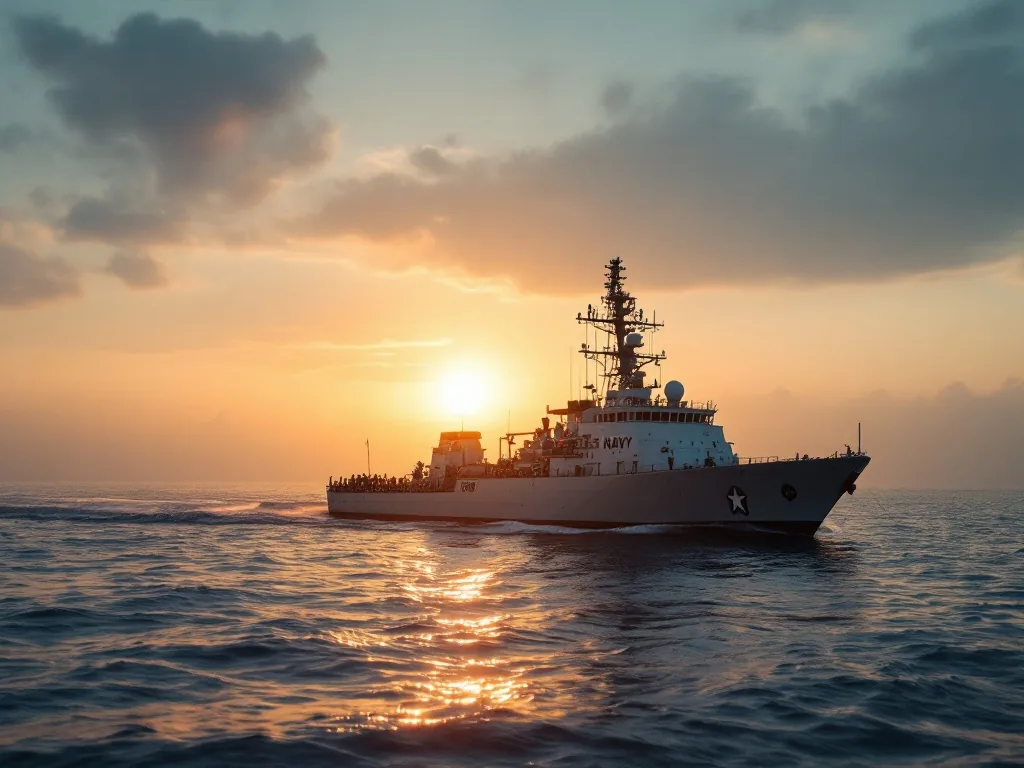 symbolic navy search vessel on East Sea at early morning, wide shot, no identifiable people, no text