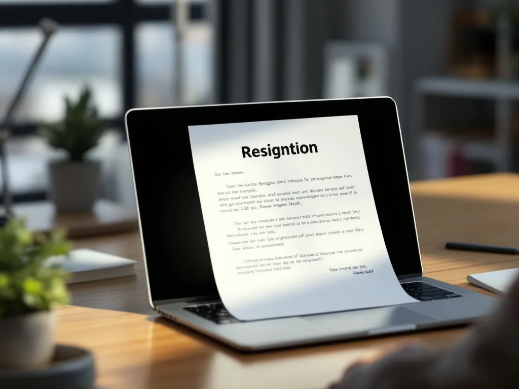 symbolic office resignation documents and email request on laptop, neutral Korean workplace desk, no company logo