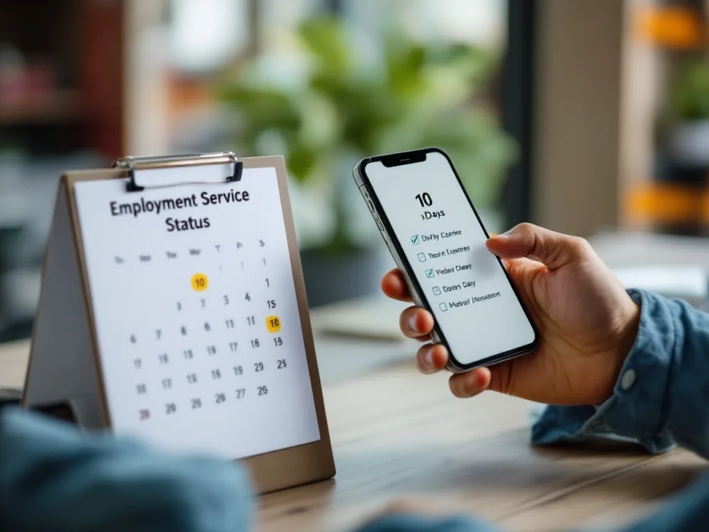 symbolic person checking employment service status on smartphone beside calendar marked ten days, documentary style, no real interface