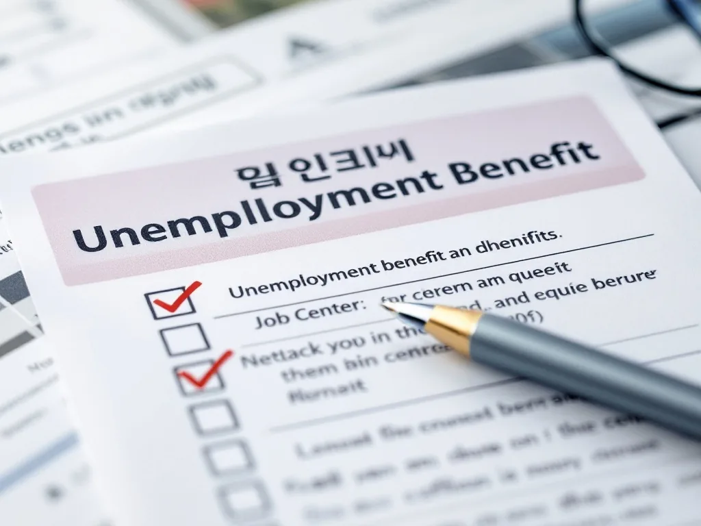 symbolic unemployment benefit checklist on a desk with Korean job center queue ticket, editorial photo style, no readable logos